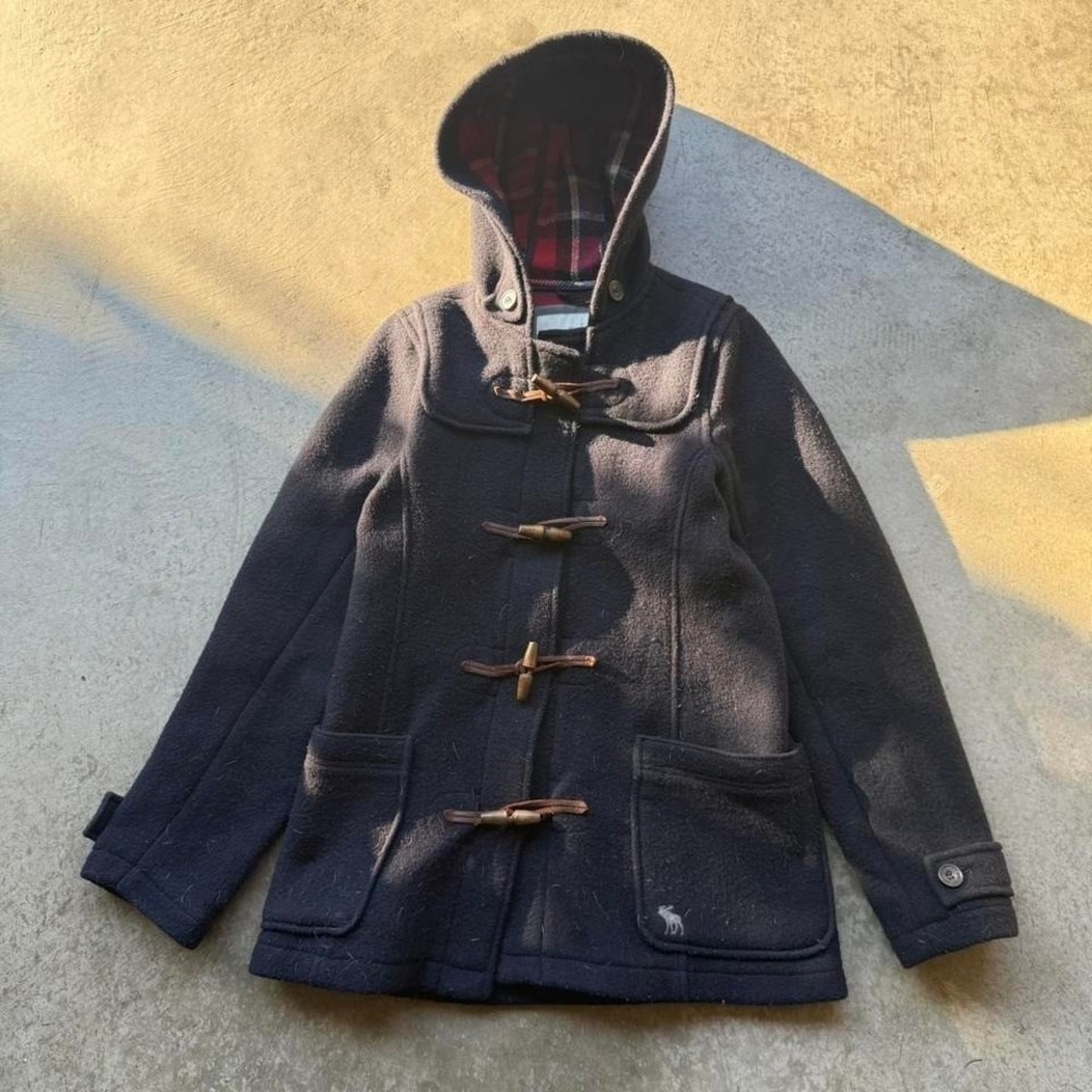 2000s Abercrombie Fitch Wool Black Toggle Coat Jacket Medium Preppy Plaid Lining